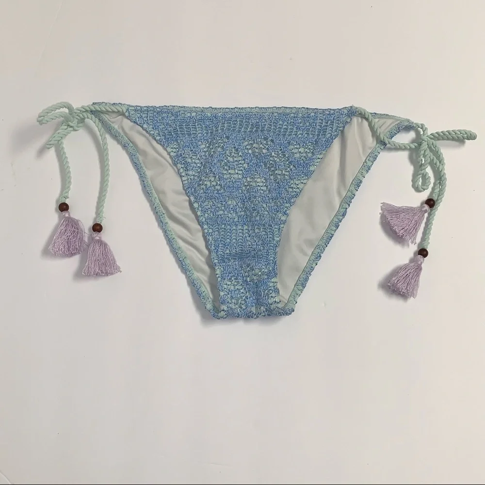 Victoria's Secret Size M Blue Crochet Lace Purple Tassels Bikini Swim Bottom